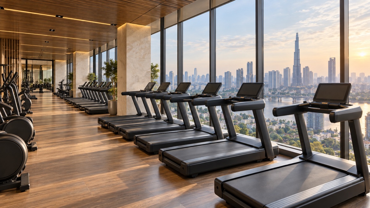 Illustrative gym cardio floor with treadmills facing city windows