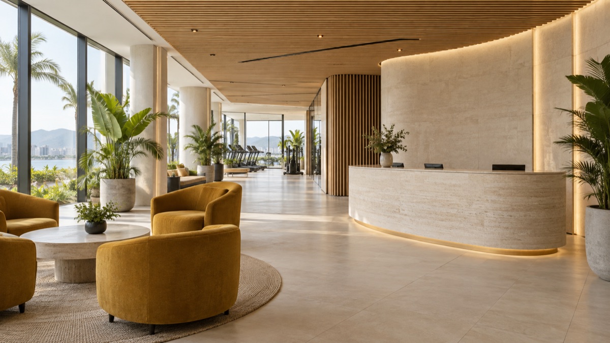 Illustrative premium fitness club reception with stone and gold accents