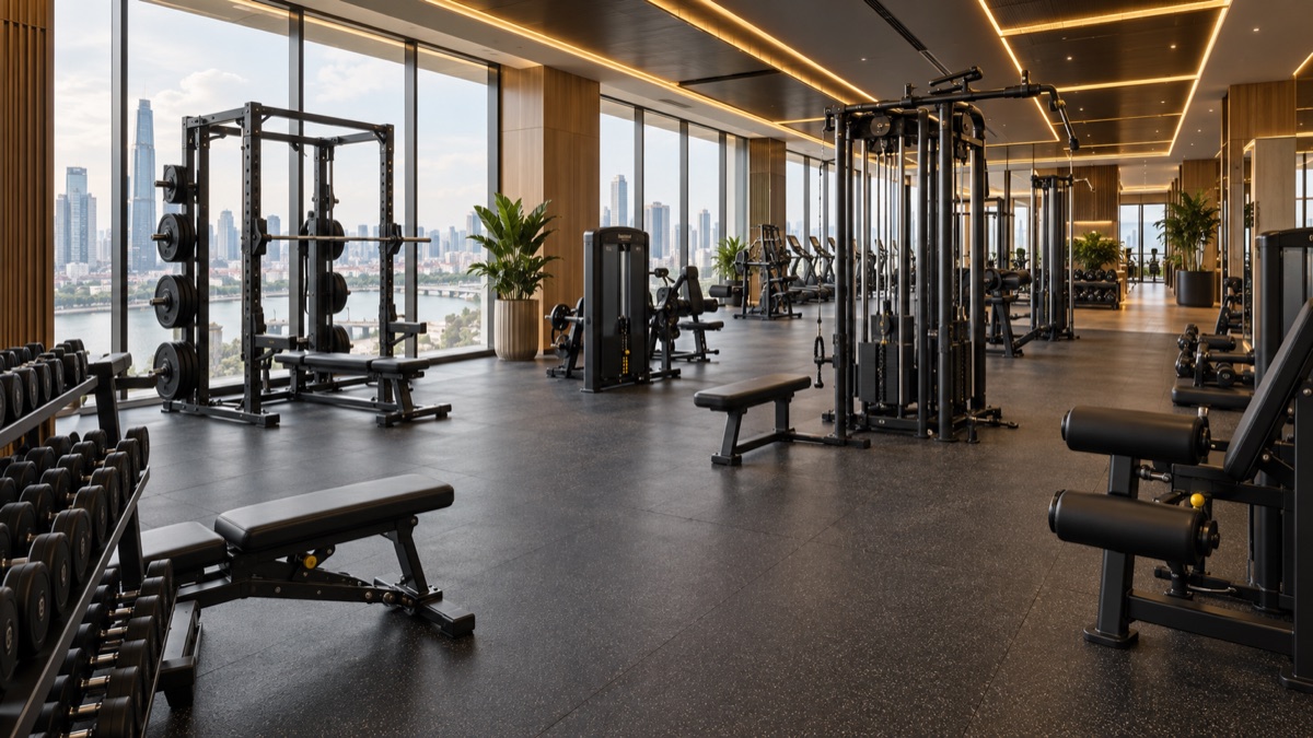 Illustrative fitness club with strength equipment and large windows