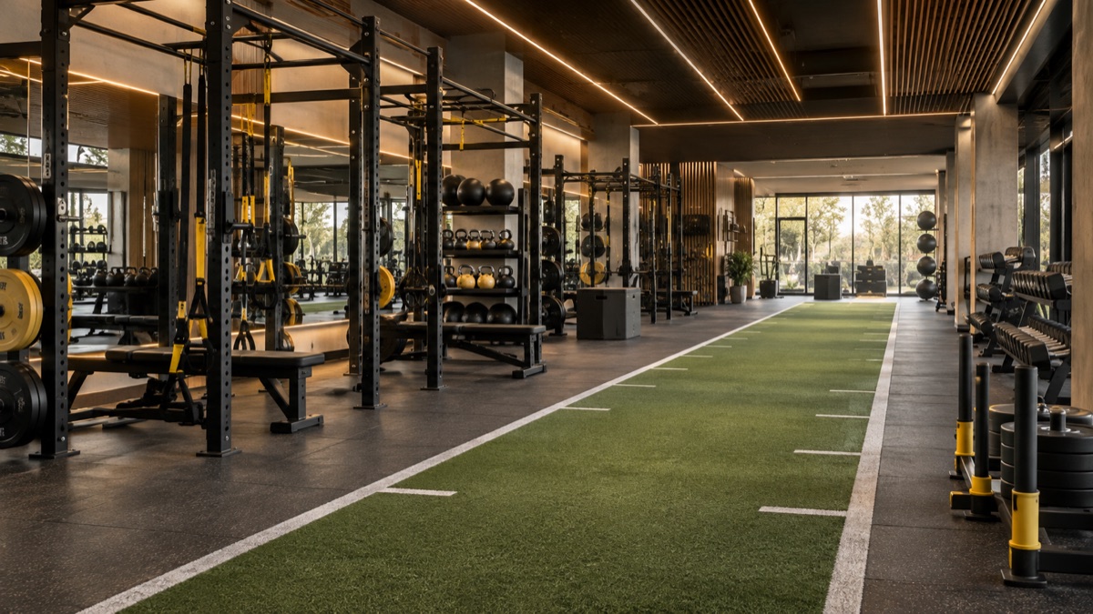 Illustrative functional training studio with strength rigs and a turf runway