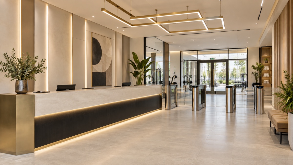 Illustrative premium fitness club reception with stone and gold accents
