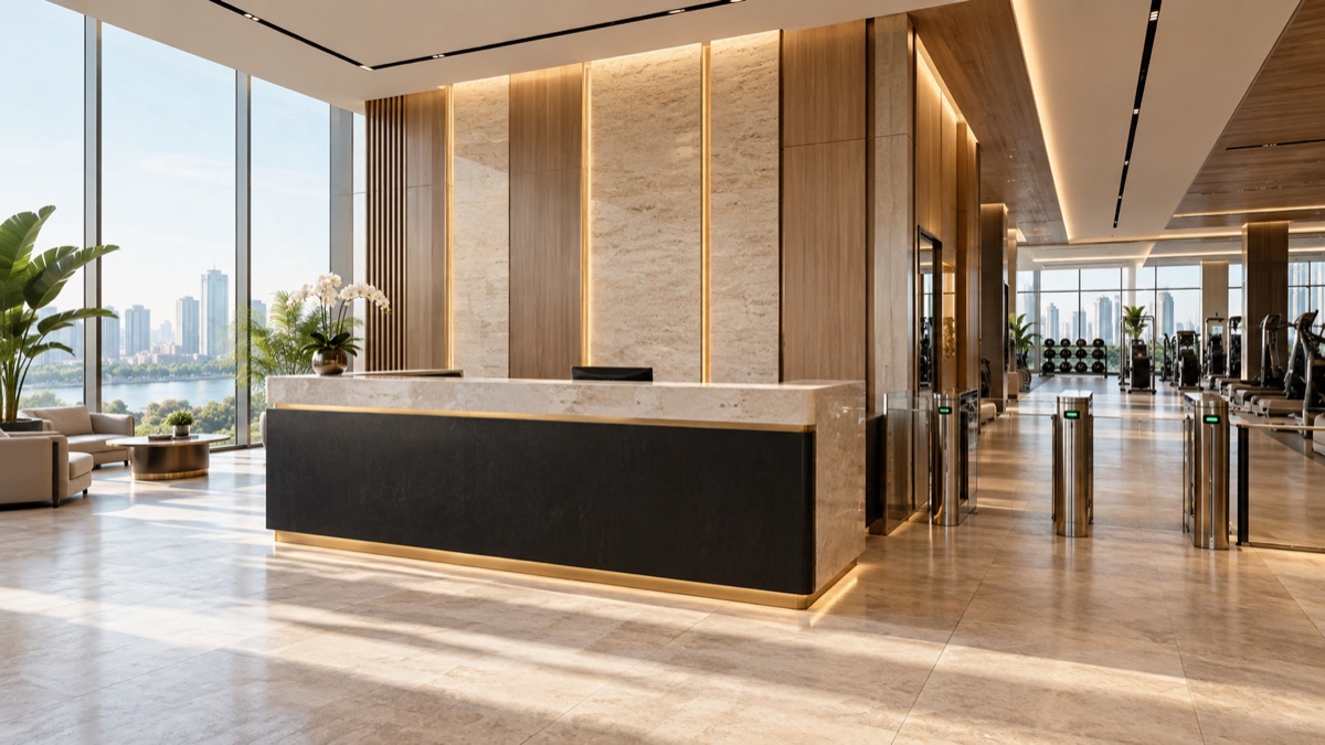 Illustrative premium fitness club reception with stone and gold accents