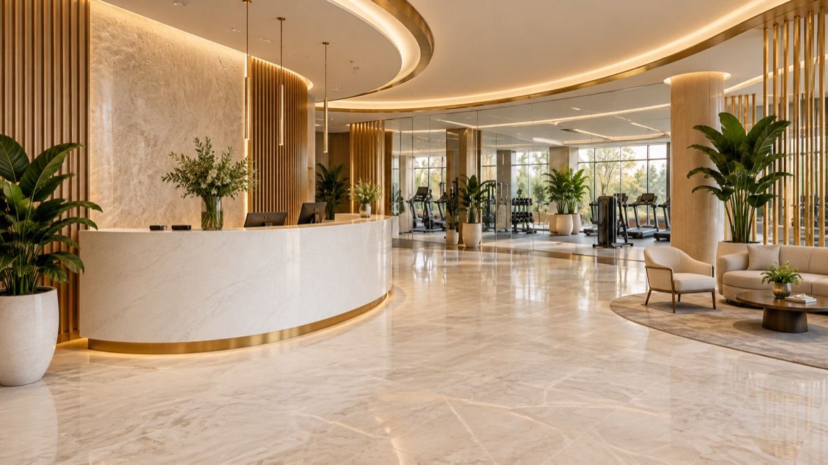 Illustrative premium fitness club reception with stone and gold accents