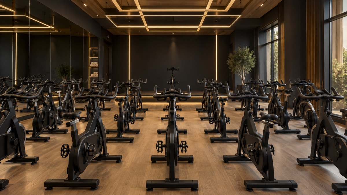 Illustrative indoor cycling studio with rows of stationary bicycles